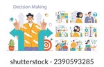 Decision-making set. Strategic thinking, brainstorming and solution research. Multiple options dilemma. Pros and cons , risk and benefits analysis. Flat vector illustration