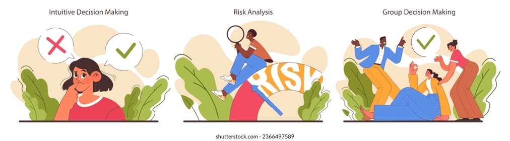 Decision-making set. Strategic thinking, brainstorming and solution research. Multiple options dilemma. Rational or intuitive choice. Flat vector illustration