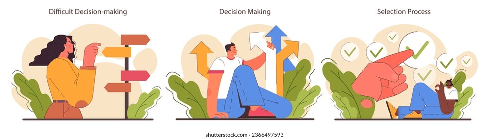 Decision-making set. Strategic thinking, brainstorming and solution research. Multiple options dilemma. Rational or intuitive choice. Flat vector illustration