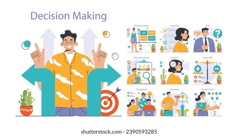 Decision-making set. Strategic thinking, brainstorming and solution research. Multiple options dilemma. Pros and cons , risk and benefits analysis. Flat vector illustration