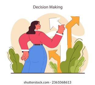 Decision-making. Strategic thinking, brainstorming and solution research. Multiple options dilemma. Rational or intuitive choice. Flat vector illustration