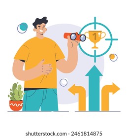 Decision-making. Strategic thinking, brainstorming and solution research. Multiple options dilemma. Pros and cons , risk and benefits analysis. Flat vector illustration