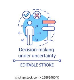 Decision-making under uncertainty concept icon. Ways to solve problem. Man at crossroads. Choosing right path idea thin line illustration. Vector isolated outline drawing. Editable stroke