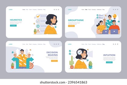 Decision-making web or landing set. Strategic thinking, brainstorming and solution research. Multiple options dilemma. Pros and cons , risk and benefits analysis. Flat vector illustration
