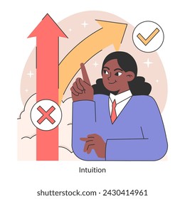 Toma de decisiones. Sí y sin opción, mujer negra siguiendo instintos, y confiando en el instinto. Discernimiento y decisión en la trayectoria vital. Ilustración vectorial plana.