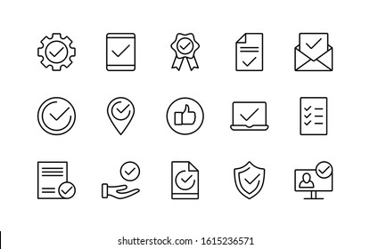 Decisions approved linear icons with check marks. Confirmation of the contract. List of accepted agreements, quality mark, document accreditation logo isolated vector outline illustration symbol set.