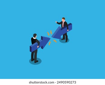 Decisions, Business choices. Dissent. Two businessmen holding arrows in different directions 3d isometric vector illustration