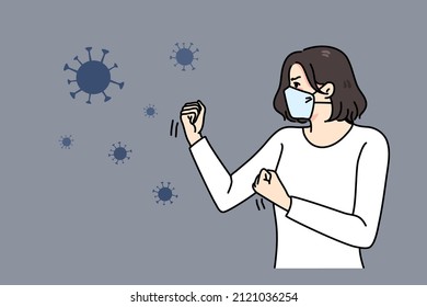 Una mujer enfurecida y decisiva en facemask lucha contra las pandemias del virus covid-19. La chica enferma con máscara facial protege de las epidemias de virus de la corona. Concepto de enfermedad coronavirus. Ilustración vectorial plana. 