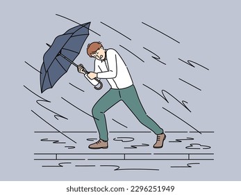 Decisive businessman with umbrella walk against storm and rain. Motivated male employee protect himself from business problems and heavy tasks. Vector illustration. 