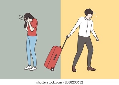 Decisive man with suitcase leave crying unhappy woman. Family separation. Husband with luggage breakup with upset desperate wife feeling depressed. Marriage dissolution. Vector illustration. 