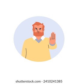 Decisive serious male demonstrate stop sign with hand gesture. Nonverbal communication and hand language emotion. Man showing palm as rejection gesture vector isolated illustration