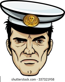 Decisive Strong Sea Captain Face Illustration. Emotional Comic Book Hero Face. Overcoming Stress And Competition Hardship Business Concept. Comic Style Vector Artwork Isolated On White Background