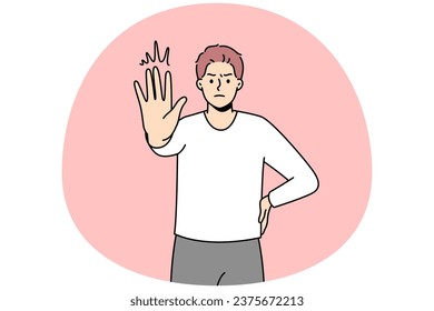 Decisive young man show no hand gesture. Serious male demonstrate stop sign. Nonverbal communication and body language. Vector illustration.