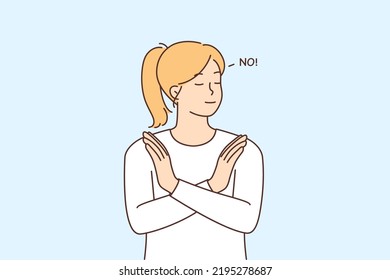 Decisive young woman show stop hand gesture saying no. Girl demonstrate rejection or refusal with sign. Nonverbal communication. Vector illustration. 