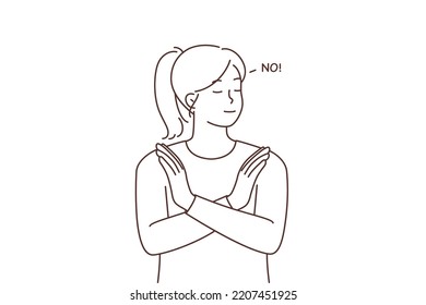 Joven y decidida muestra un gesto de mano que dice que no. Comunicación no verbal. Ilustración vectorial. 