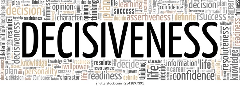 Decisividade palavra nuvem conceitual design isolado no fundo branco.
