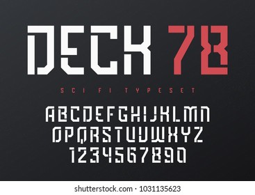 Deck 78 Vector Futuristic Industrial Display Typeface Design, Alphabet, Character Set, Font, Typography, Letters And Numbers. Swatch Color Control.
