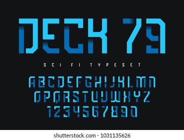 Deck 79 Vector Futuristic Industrial Display Typeface Design, Alphabet, Character Set, Font, Typography, Letters And Numbers. Swatch Color Control.