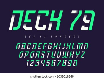 Deck 79 vector futuristic industrial display typeface design, alphabet, character set, font, typography, letters and numbers. Swatch color control.