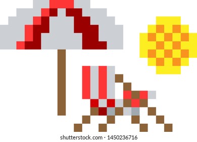 Deck beach chair umbrella and sun icon in a pixel 8 bit video game art style