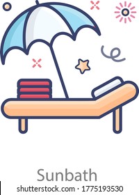 Deck chair with canopy, sunbath flat icon