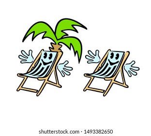 Deck chair cartoon character with tree palm, logo design. Travel, journey, travelling and vacation, vector design and illustration