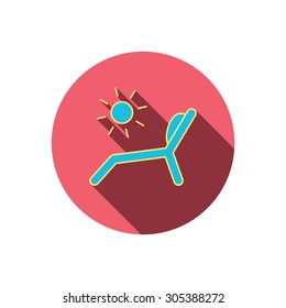 Deck chair icon. Beach chaise longue sign. Red flat circle button. Linear icon with shadow. Vector