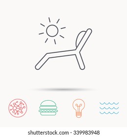 Deck chair icon. Beach chaise longue sign. Global connect network, ocean wave and burger icons. Lightbulb lamp symbol.