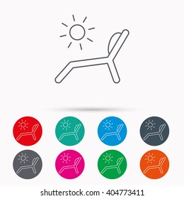 Deck chair icon. Beach chaise longue sign. Linear icons in circles on white background.
