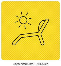 Deck chair icon. Beach chaise longue sign. Linear icon on orange background. Vector
