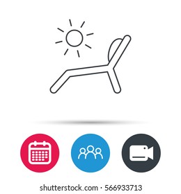 Deck chair icon. Beach chaise longue sign. Group of people, video cam and calendar icons. Vector