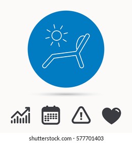 Deck chair icon. Beach chaise longue sign. Calendar, attention sign and growth chart. Button with web icon. Vector