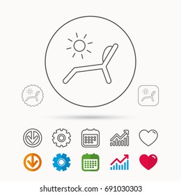 Deck chair icon. Beach chaise longue sign. Calendar, Graph chart and Cogwheel signs. Download and Heart love linear web icons. Vector