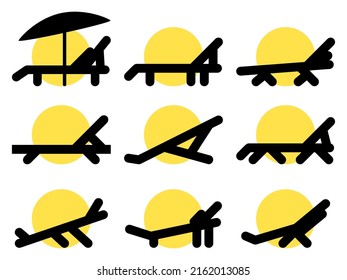 Deck chair icons set isolated on white background. Summer vacation, sunbathing. Chaise lounge with sun. Icon design for banners, posters and beach advertising. Vector illustration