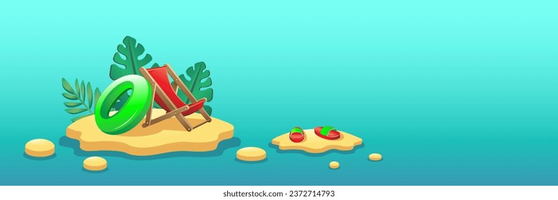 Deck chair, inflatable ring, flip-flops and tropical leaves on s