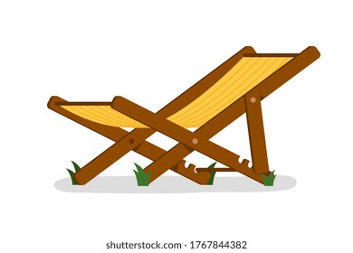 Deck chair. Isolated outside folding deck chair icon. Wood and cloth chaise longue. Vector garden or beach outdoor summer rest furniture for relaxation