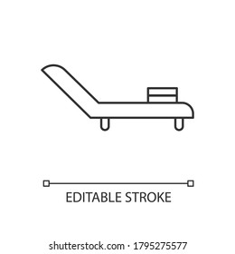 Deck chair linear icon. Chaise lounge on rooftop. Armchair for sunbathing on apartment roof. Thin line customizable illustration. Contour symbol. Vector isolated outline drawing. Editable stroke