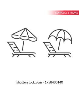 Deck chair, lounge or sun bed with beach umbrella thin line icon. Outline, editable stroke vector.