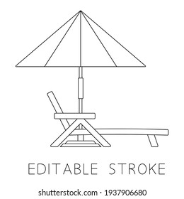 Deck chair, lounge or sun bed with a beach umbrella. Outline, editable stroke vector. Beach or pool umbrella linear icon with sun bed. Contour symbol. The symbol of a holiday by the sea