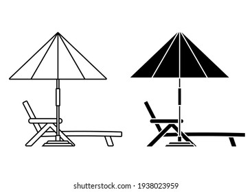 Deck chair, lounge or sun bed with a beach umbrella. Outline and glyph style. Beach or pool umbrella linear icon with sun bed. Contour symbol. The symbol of a holiday by the sea