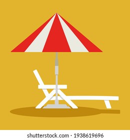 Deck chair, lounge or sun bed with a beach umbrella. Beach or pool umbrella linear with sun bed in red and white colors. The symbol of a holiday by the sea isolated on yellow background