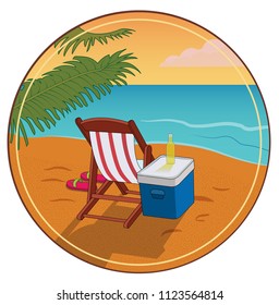 A deck chair on the beach.