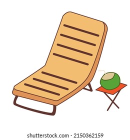 Deck chair on the beach. Cartoon style. Drink Coconut juice. Vector illustration 