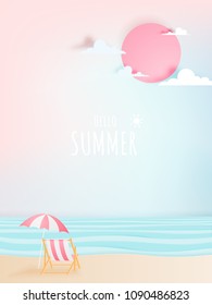 Deck chair on the beach with ocean background for summer in paper art style vector illustration