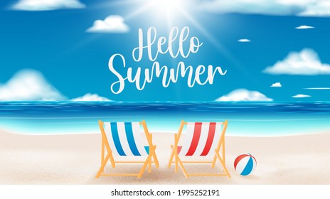 Deck chair on the beach with ocean background for summer in paper art style vector illustration