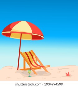 Deck chair on the beach under an umbrella. Cartoon style. Drink cocktail starfish sand. Vector illustration