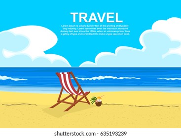 Deck chair on tropical beach with coconut cocktail