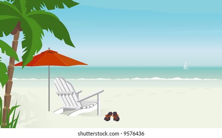 Deck chair on a tropical beach with flip-flops--sailboat in distance; Easy-edit layered file. Lots of copy space.