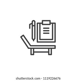 Deck chair, paper clipboard and pen line icon. linear style sign for mobile concept and web design. Psychology simple line vector icon. Symbol, logo illustration. Pixel perfect vector graphics