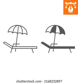 Deck Chair With Parasol Line And Solid Icon, Outline Style Icon For Web Site Or Mobile App, Travel And Holiday, Deckchair Umbrella Vector Icon, Simple Vector Illustration, Vector Graphics